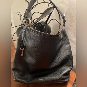 Fossil, black pebbled leather hobo bag.